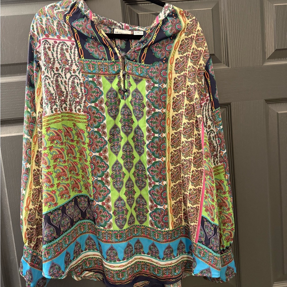 LC Lauren Conrad Lime Multi-Print Long-Sleeve Blouse